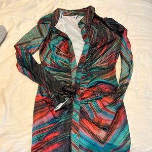 Tie die long sleeve button up dress